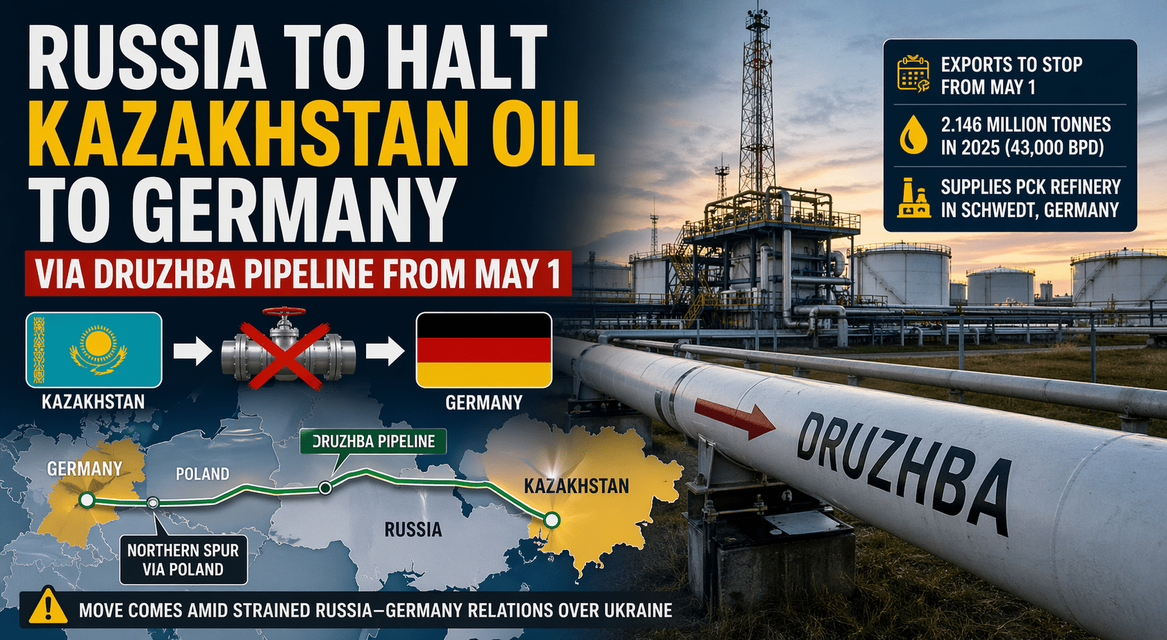 Russia Halts Kazakhstan Oil to Germany via Druzhba