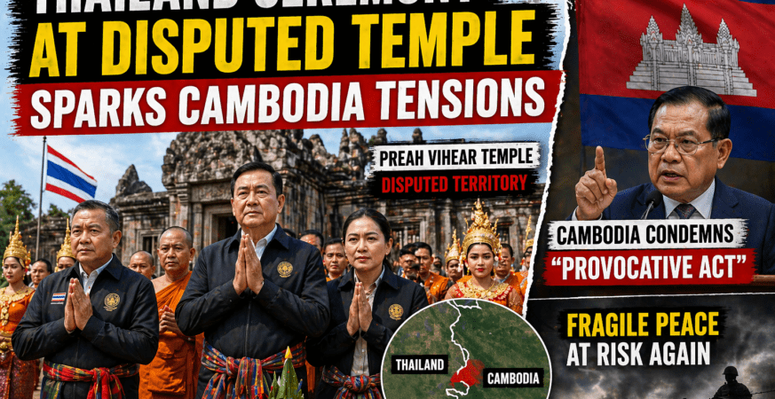 Diplomatic tensions rise as Cambodia condemns Thailand’s ceremony at the contested Preah Vihear temple.