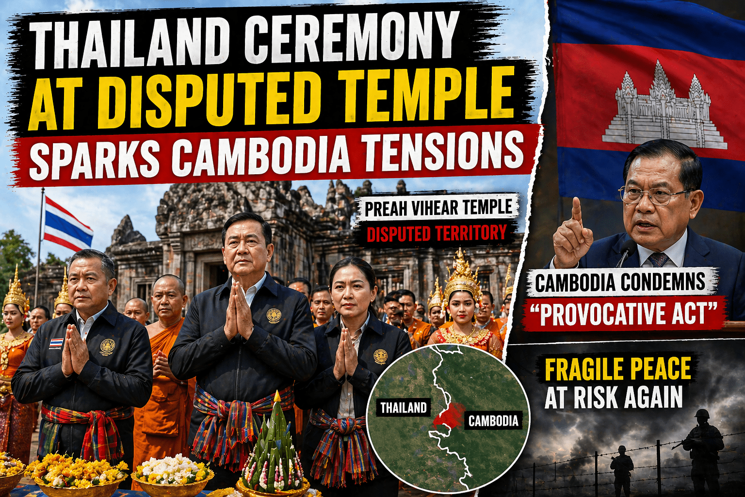 Diplomatic tensions rise as Cambodia condemns Thailand’s ceremony at the contested Preah Vihear temple.