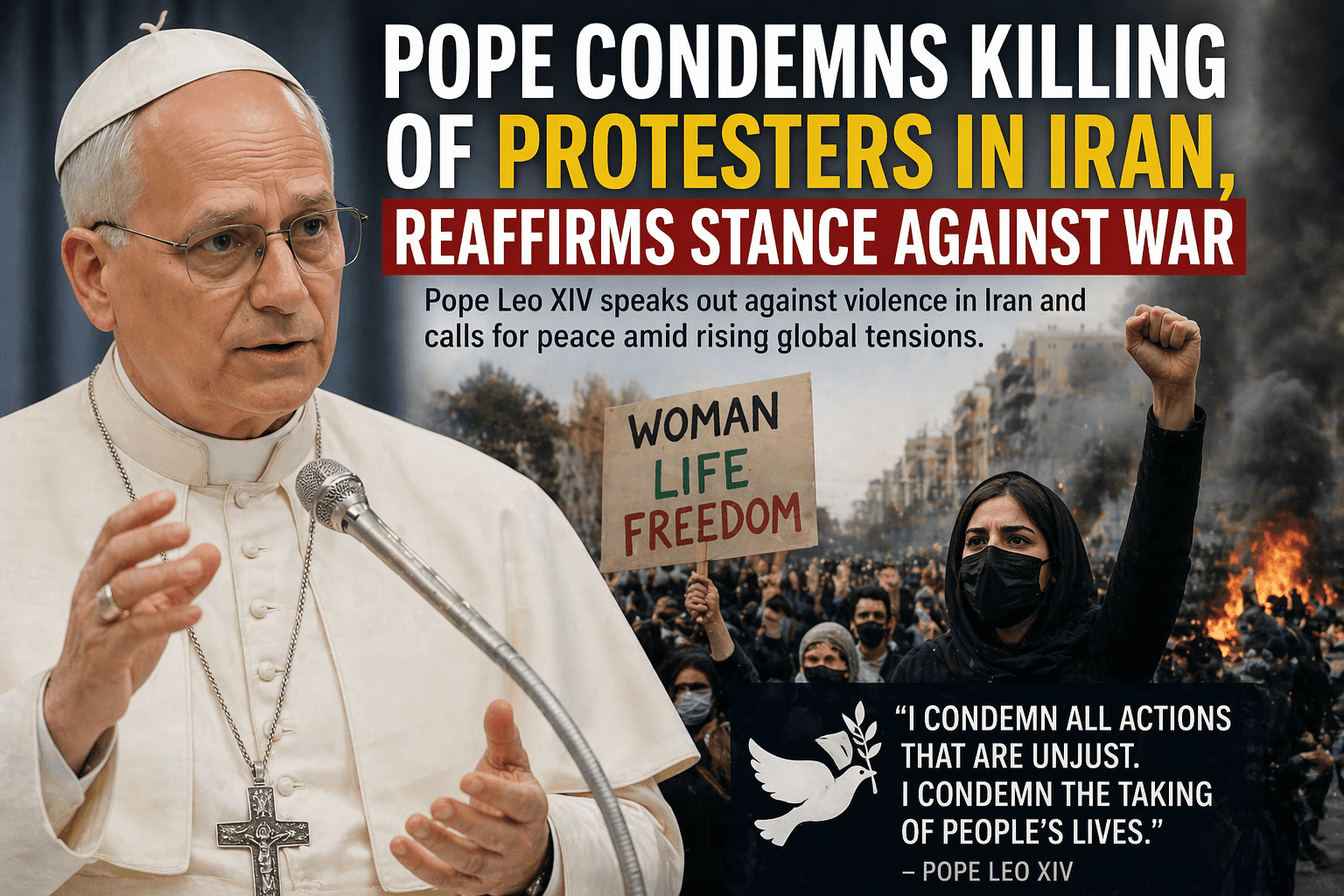 Pope Condemns Iran Protest Killings, Opposes War